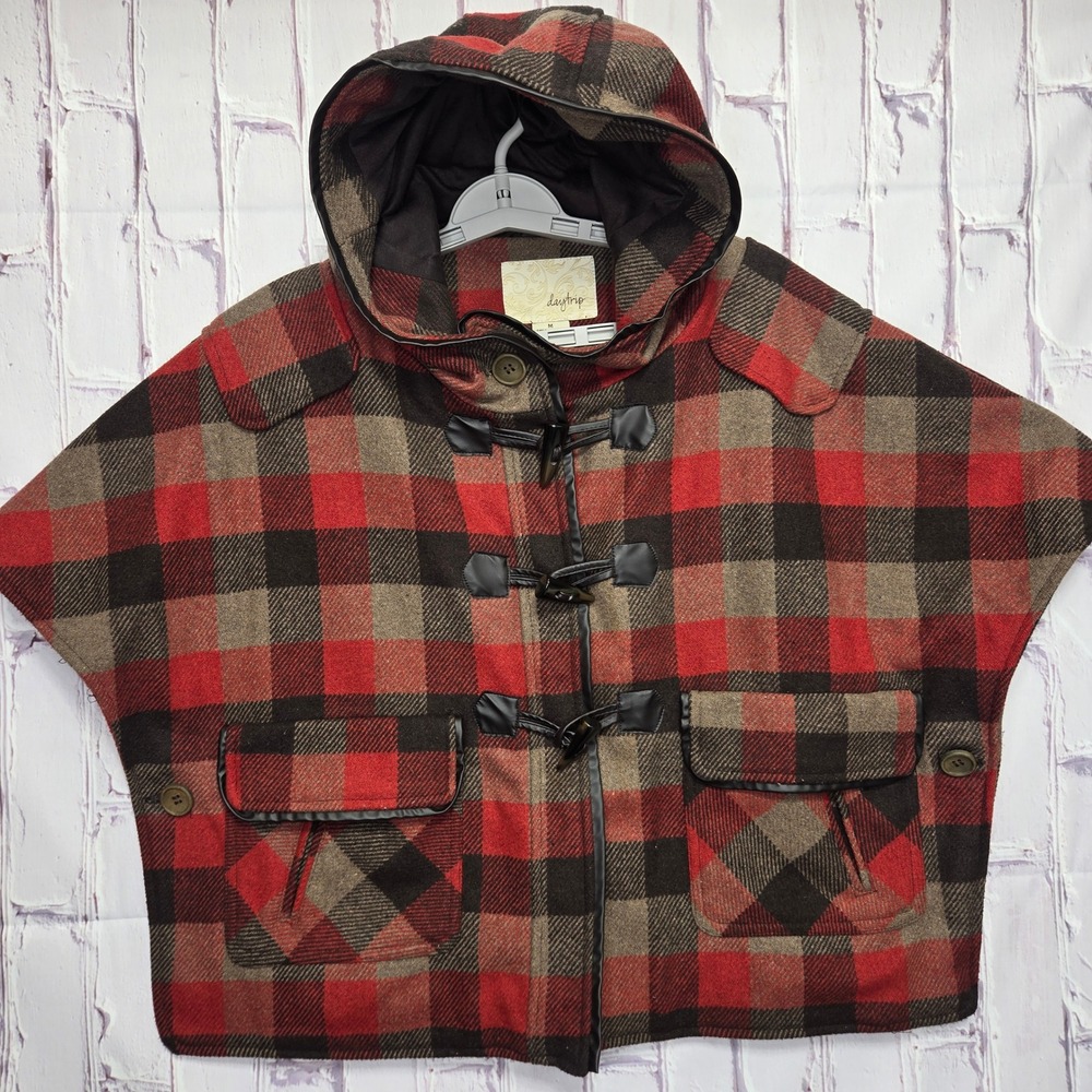 Daytrip‎ Womens Buffalo Plaid Hooded Toggle Poncho Cape Red Black Brown Size M